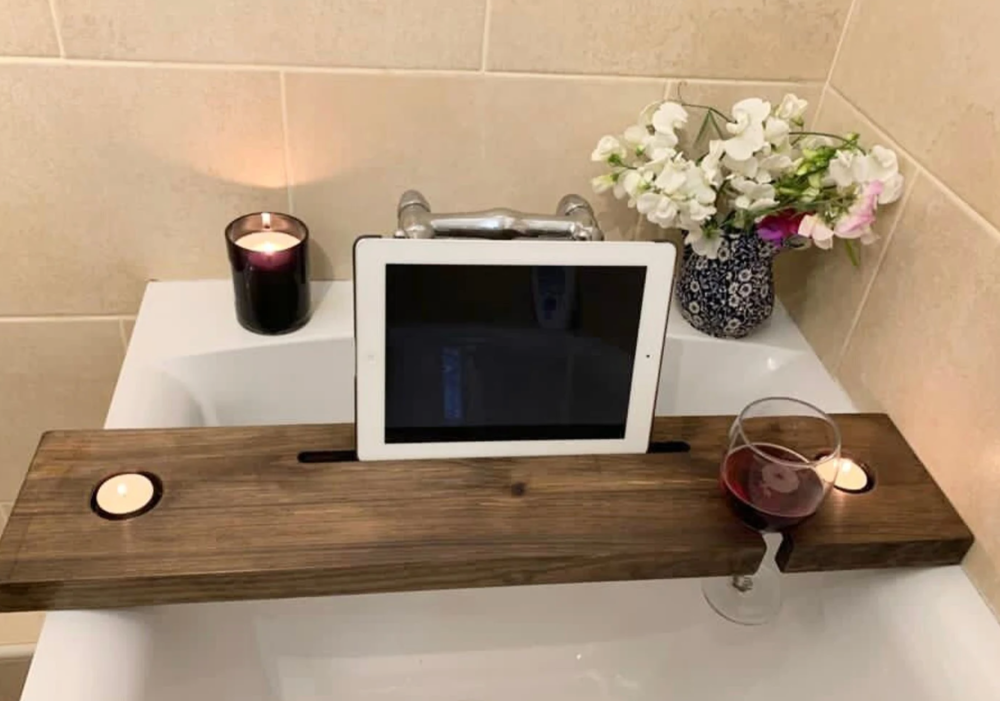 Rustic bath board shelf tray ipad wine