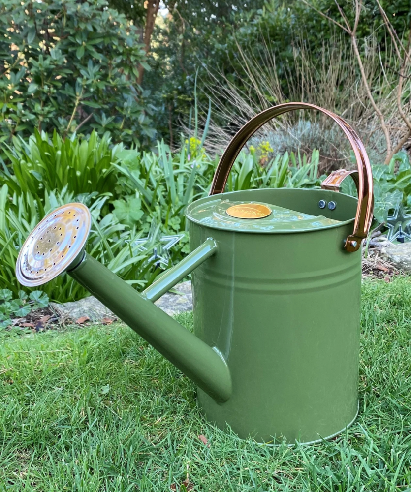 heritage tweed green metal watering can