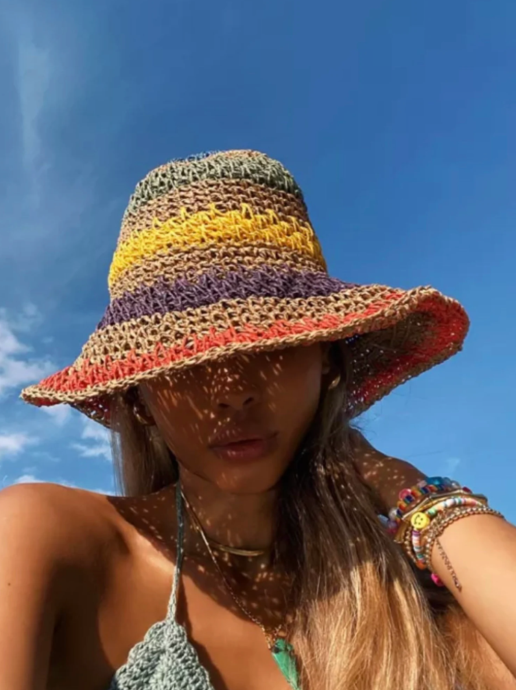 straw rainbow sun hat
