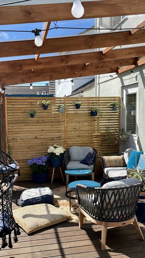 garden seating nook under roofed veranda