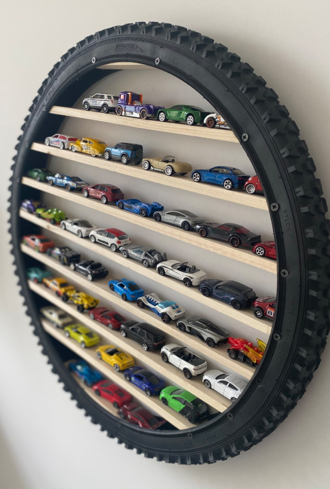 kids toy cars display shelf tyre