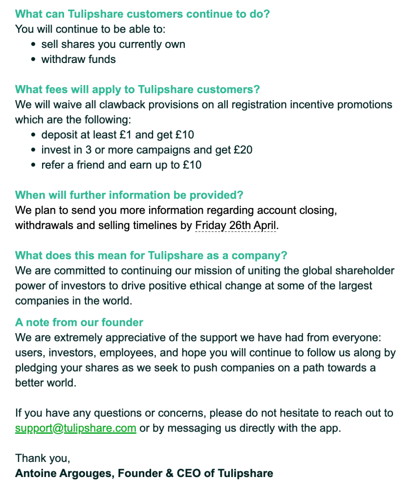 Tulipshare closing down email