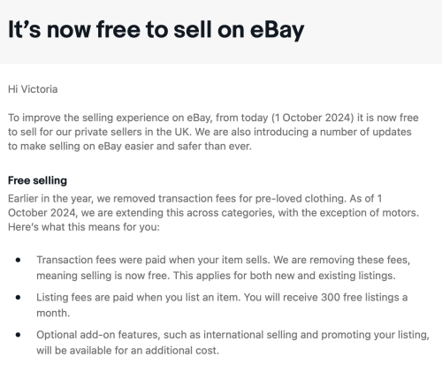 ebay removes selling fees