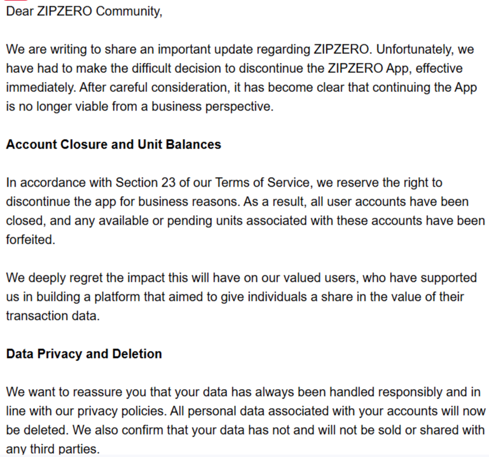 zipzero shuts down