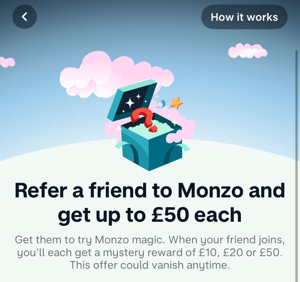 Monzo free &pound;50 cash referral bonus