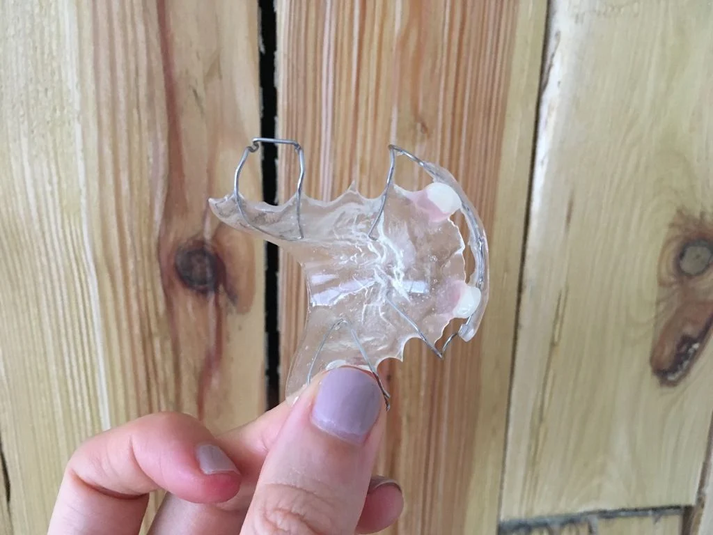 Hawley retainer with false teeth viewed from underneath