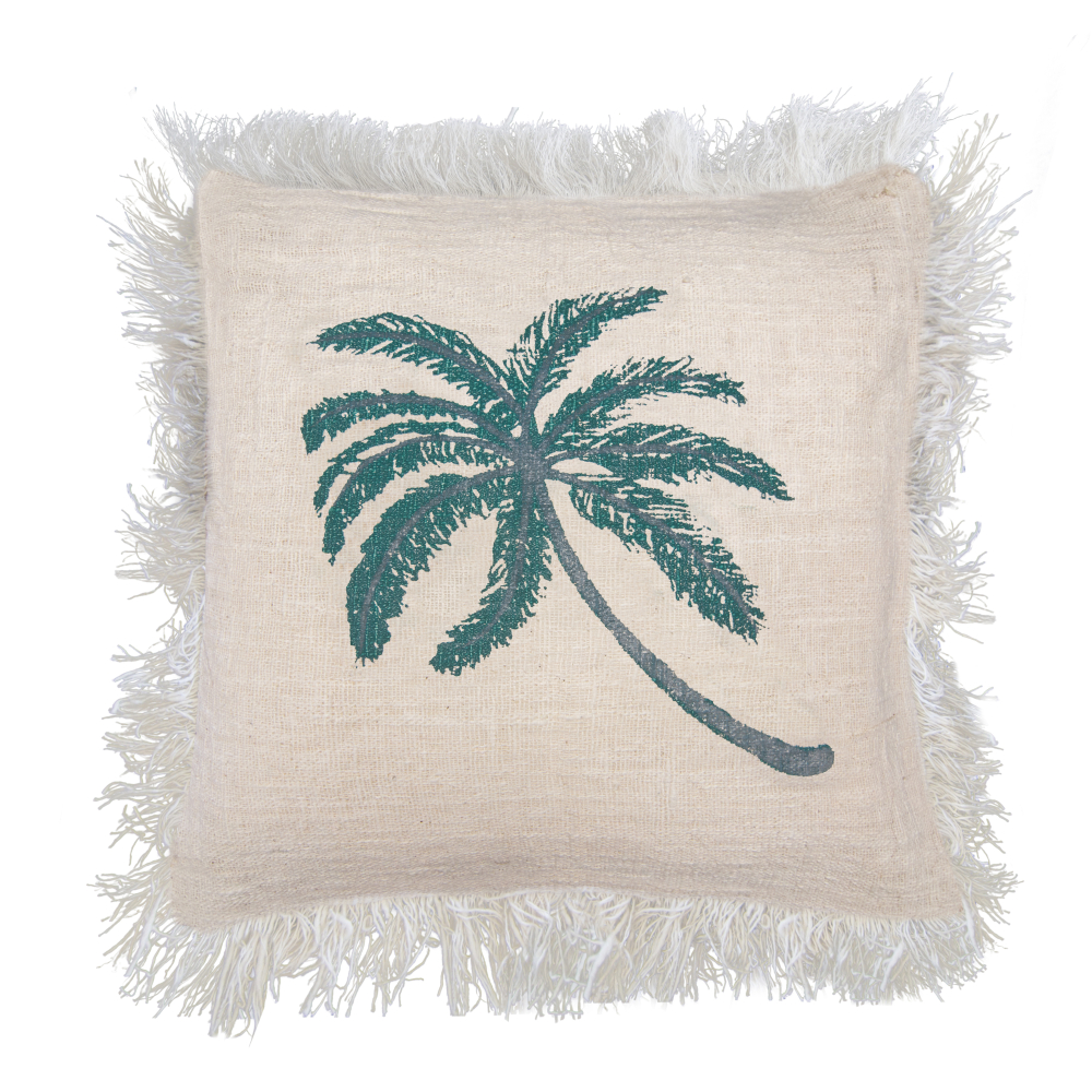 Linen Cushion 60x60cm Palm Tree  with Fringe