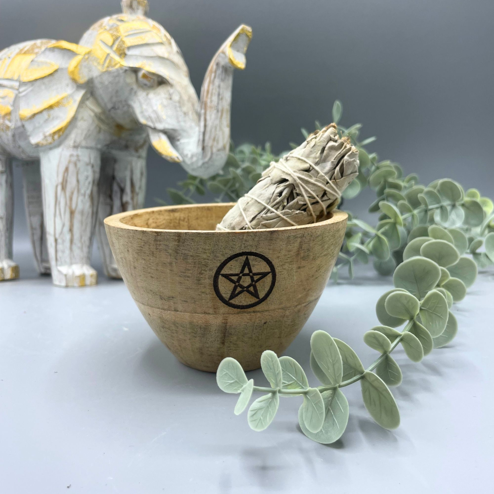 Wooden Smudge and Ritual Offerings Bowl - Pentagram - 11x7cm