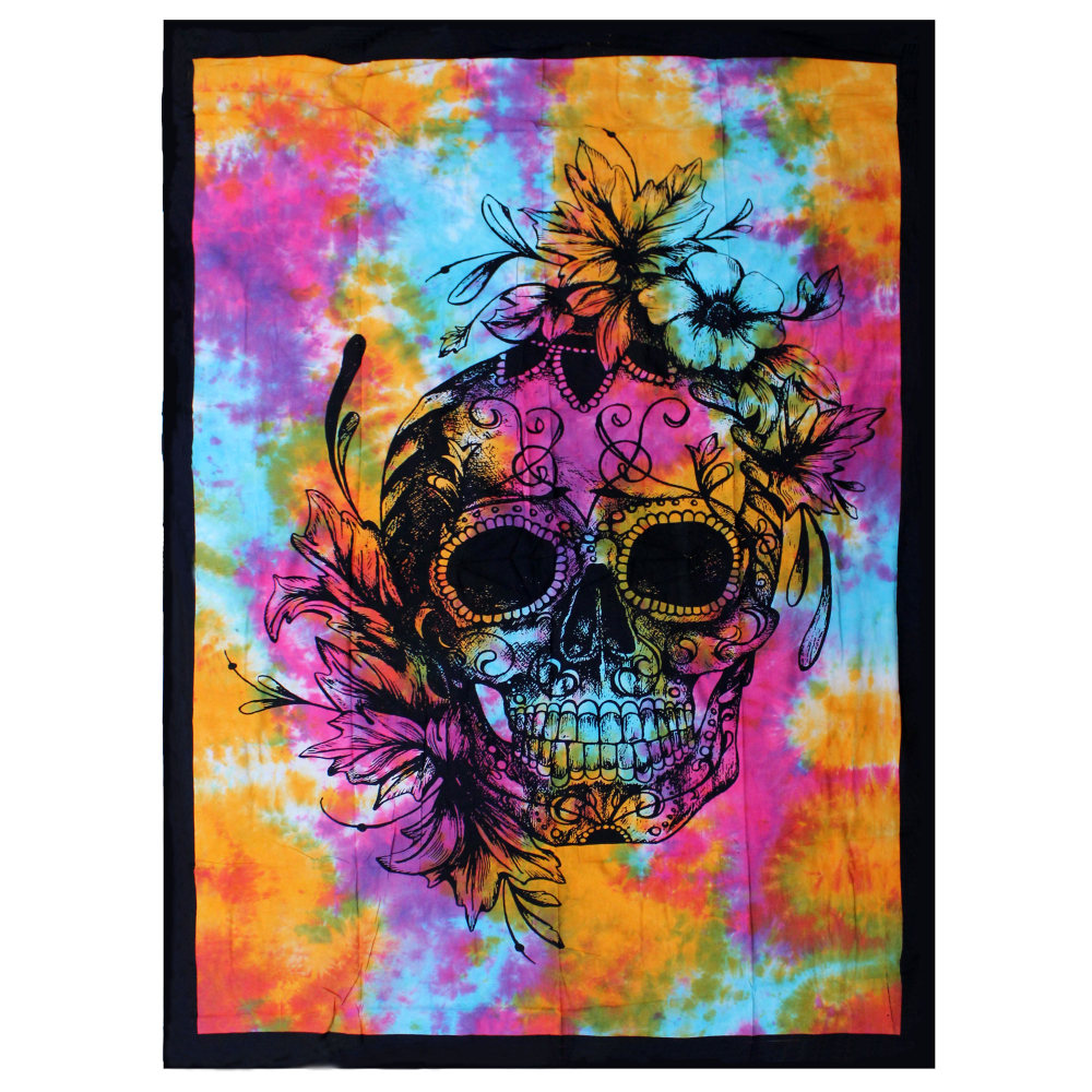 Single Cotton Bedspread + Wall Hanging - Day of Dead Skull