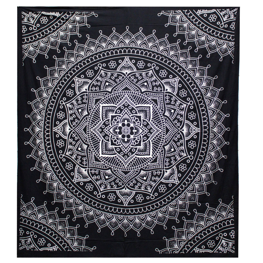 B&W Double Cotton Bedspread + Wall Hanging - Lotus Flower