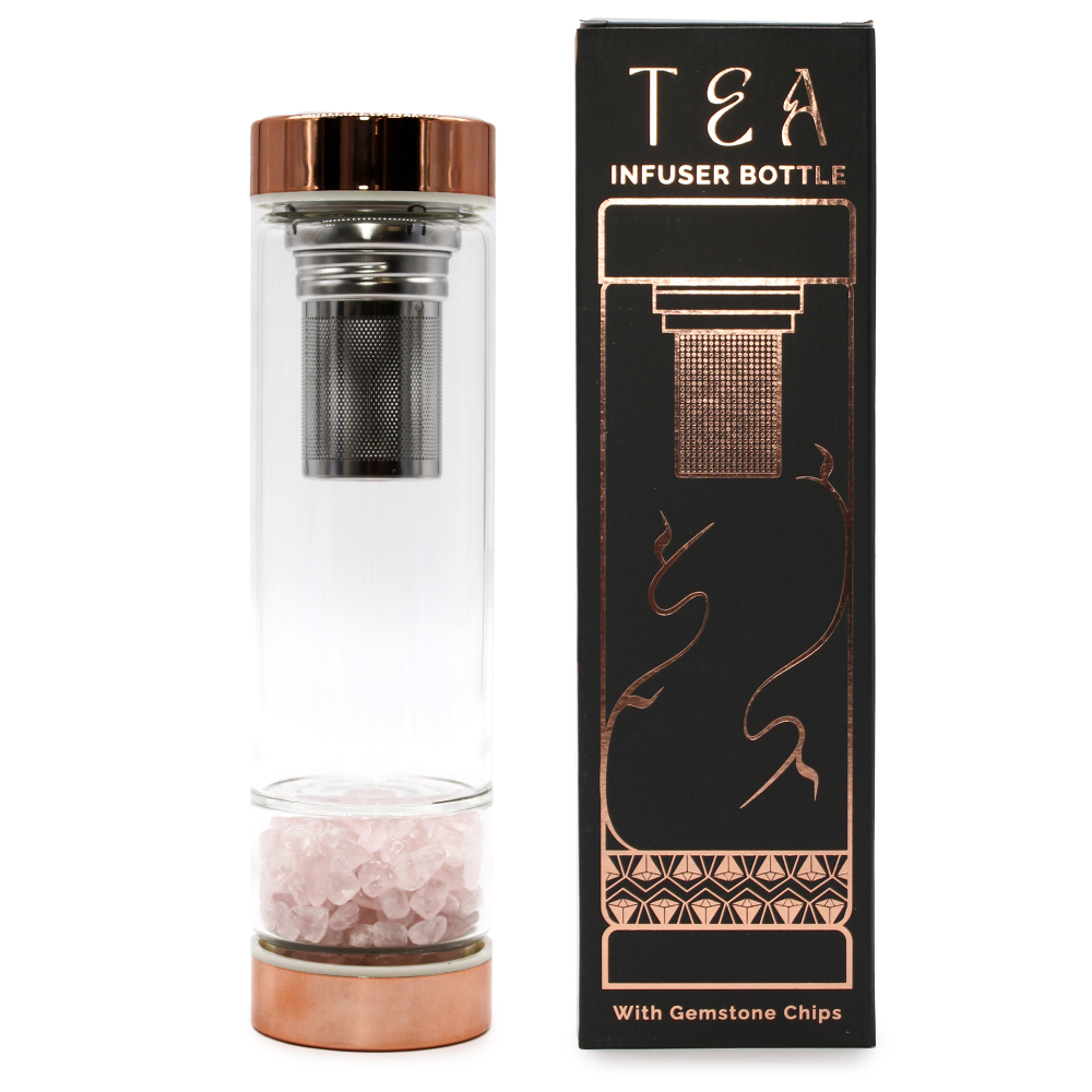 Crystal Glass Tea Infuser Bottle - Rose Gold colour - Rose Quartz