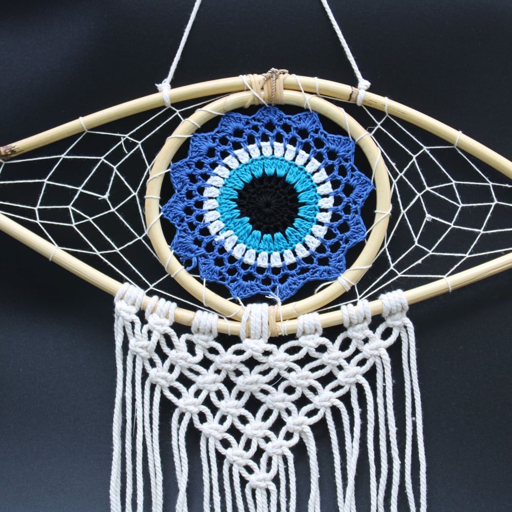 Protection Dream Catcher - Med Macrame Evil Eye Blue/White/Black