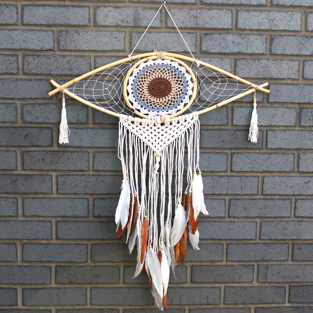 Protection Dream Catcher - Lrg Macrame Evil Eye White/ Grey/Brown