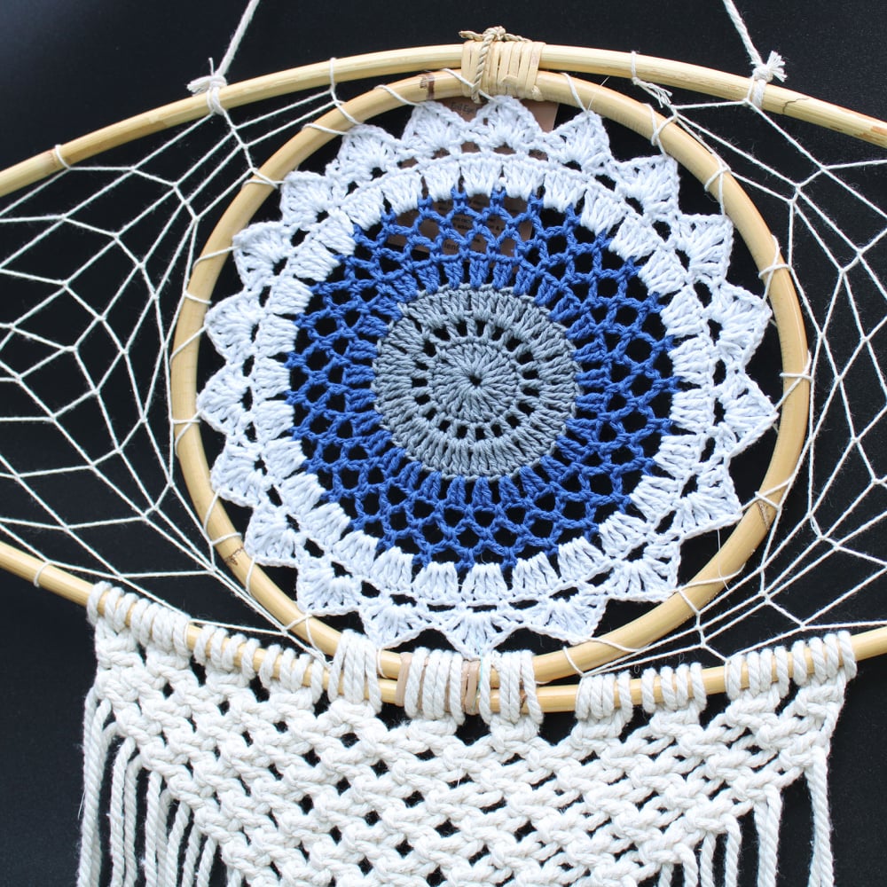 Protection Dream Catcher  - Lrg Macrame Evil Eye White/ Blue/Grey