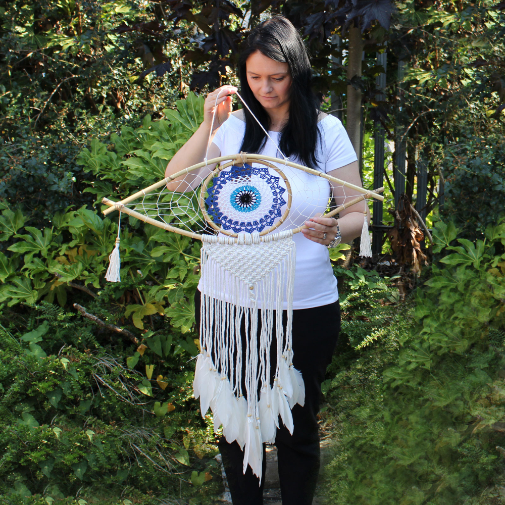 Protection Dream Catcher - Lrg Macrame Evil Eye Blue/White/Black