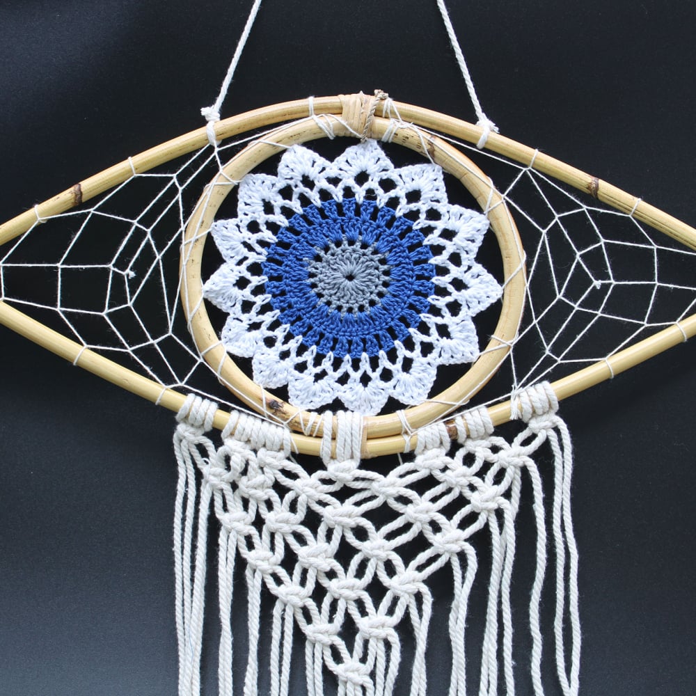 Protection Dream Catcher - Med Macrame Evil Eye White/ Blue/Grey