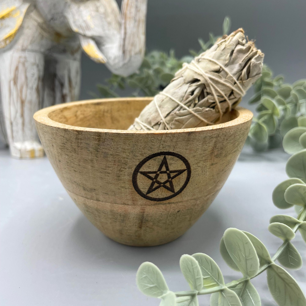 Wooden Smudge and Ritual Offerings Bowl - Pentagram - 11x7cm