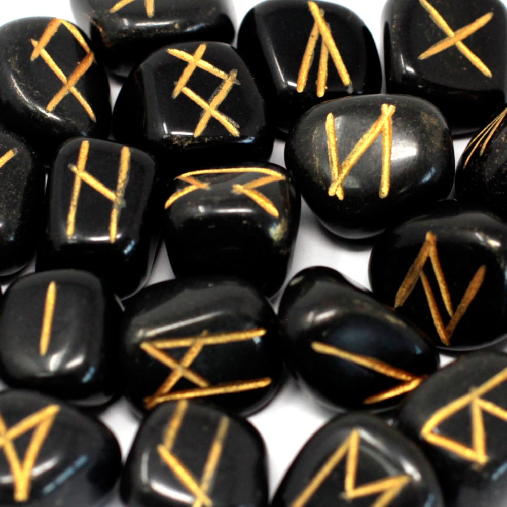 Runes Stone Set in Pouch - Black Agate