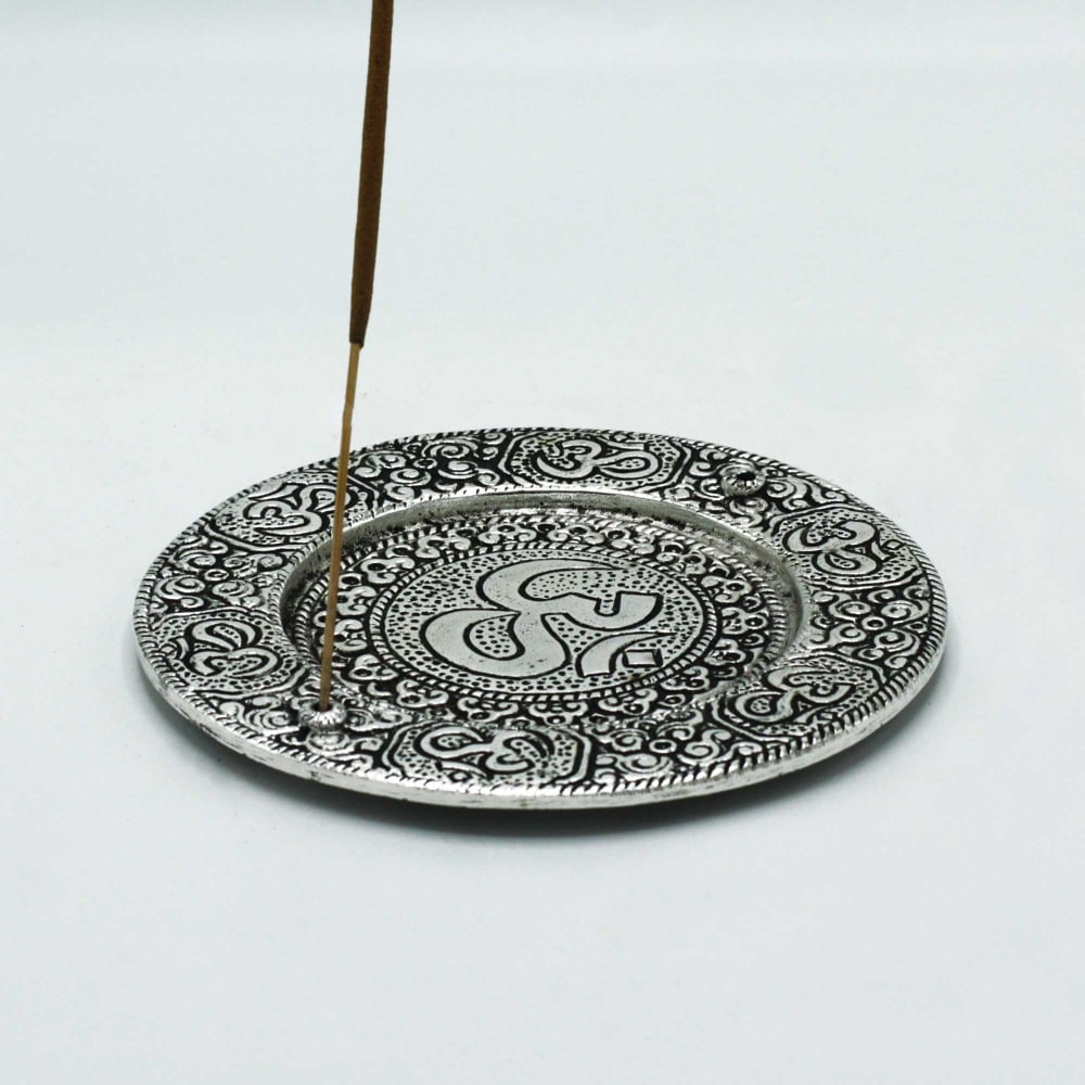 Polished Aluminium Om Round Incense Holder 11cm