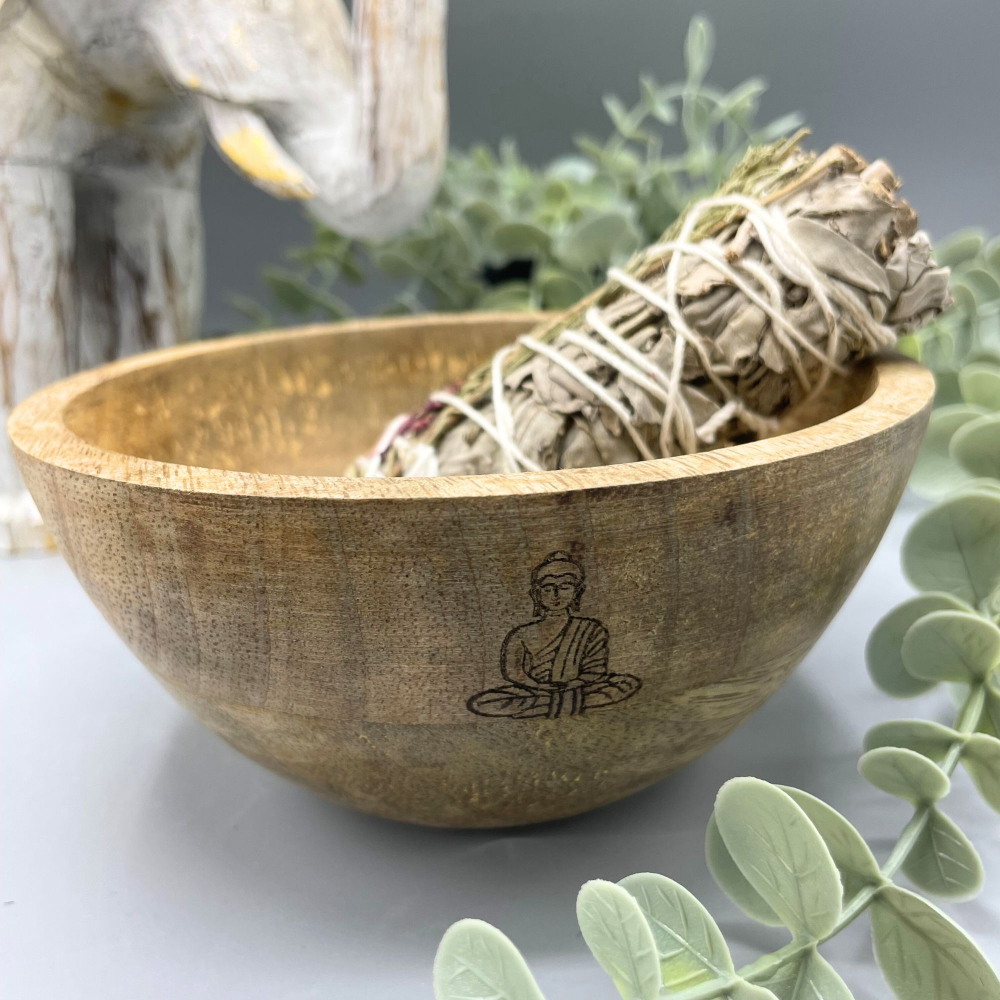 Wooden Smudge and Ritual Offerings Bowl - Buddha - 13x7cm