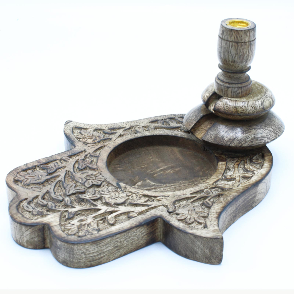 Lrg Mango Wood Backflow Burner - Hamsa