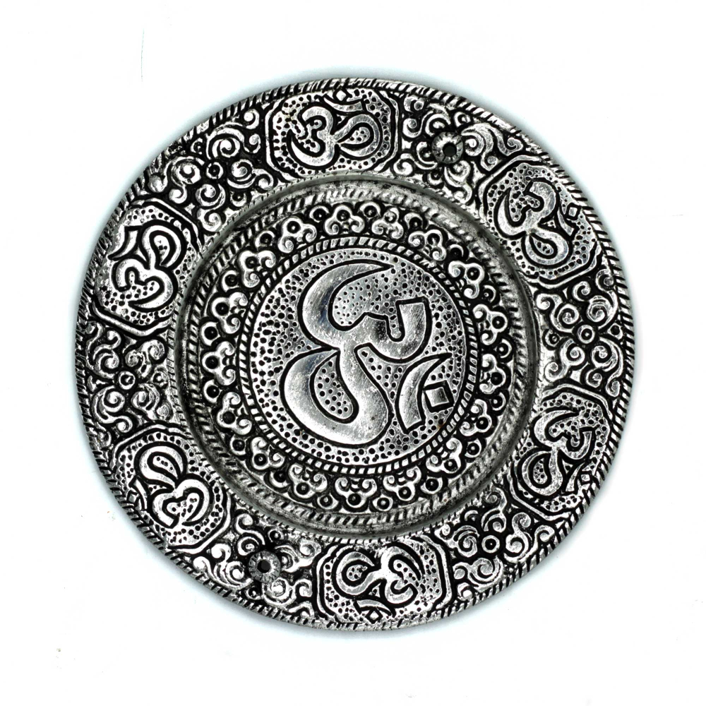 Polished Aluminium Om Round Incense Holder 11cm