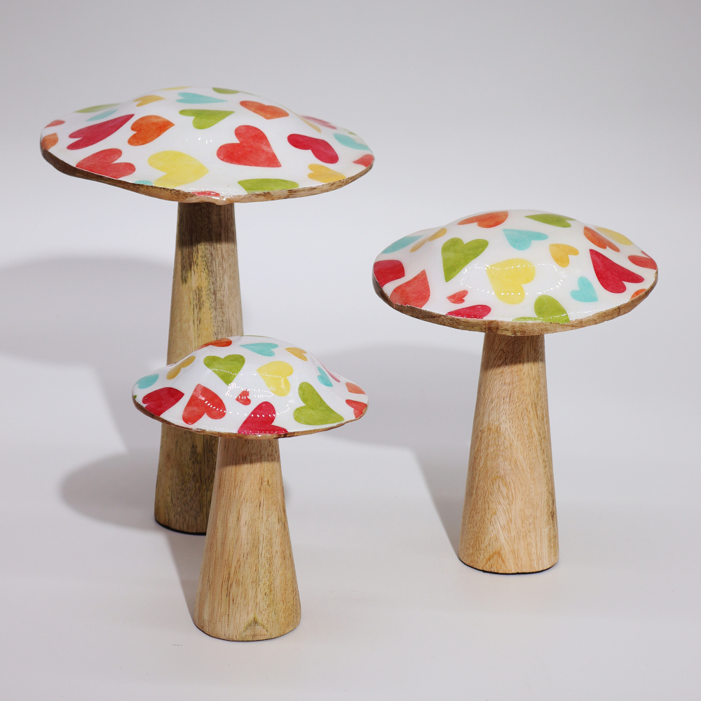 Large Wooden Mushroom - Pastel Hearts