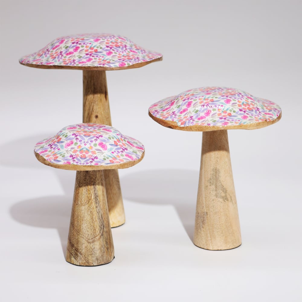 Large Wooden Mushroom - Pretty Floral