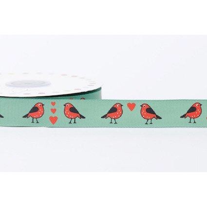 19mm Grosgrain Robins in Love - Green