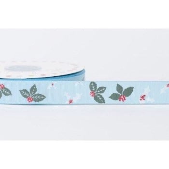 19mm Grosgrain Leaves and Holly - Blue 