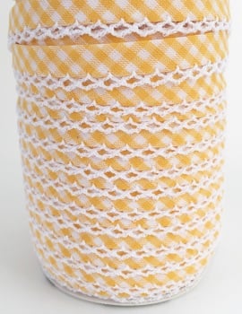 Yellow 12mm Pre-Folded Gingham Bias Binding with Lace Edge