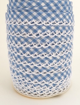 Baby Blue 12mm Pre-Folded Gingham Bias Binding with Lace Edge