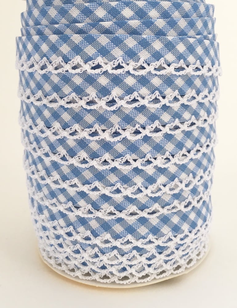 Baby Blue 12mm Pre-Folded Gingham Bias Binding with Lace Edge
