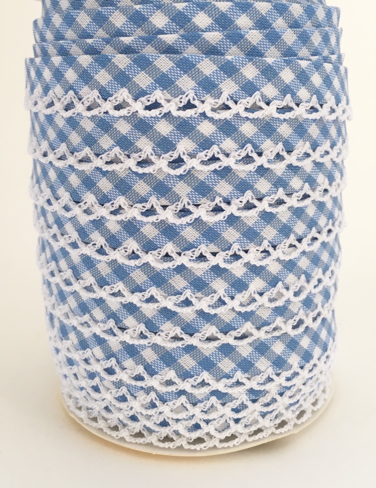 Baby Blue Pre-Folded Gingham Bias Binding with Lace Edge