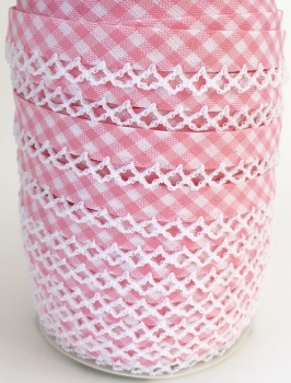 Baby Pink 12mm Pre-Folded Gingham Bias Binding with Lace Edge