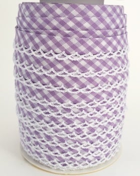 Lilac 12mm Pre-Folded Gingham Bias Binding with Lace Edge