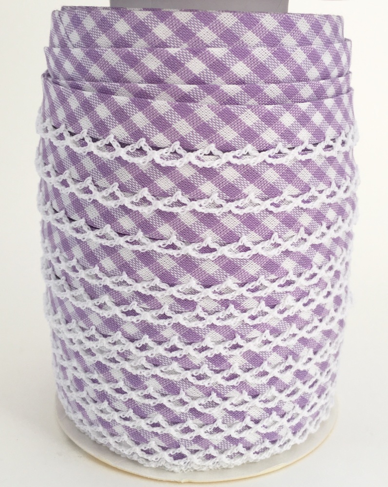 Lilac Pre-Folded Gingham Bias Binding with Lace Edge
