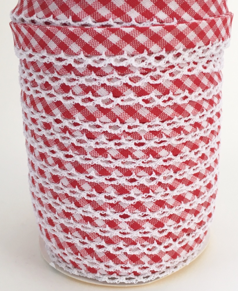 Red 12mm Pre-Folded Gingham Bias Binding with Lace Edge