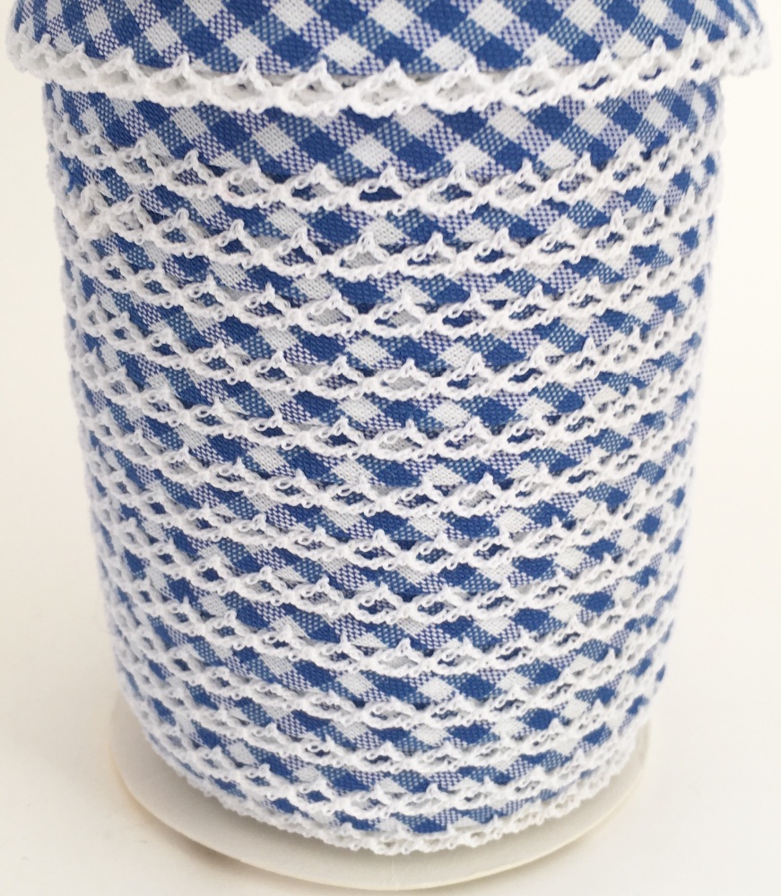 Royal Blue Pre-Folded Gingham Bias Binding with Lace Edge