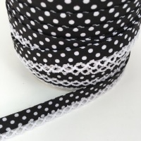 Black 12mm Pre-Folded Polka Dot Bias Binding with Lace Edge