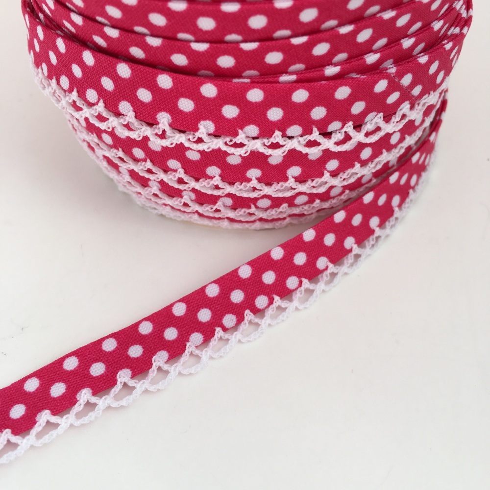 Bright Pink 12mm Pre-Folded Polka Dot Bias Binding with Lace Edge
