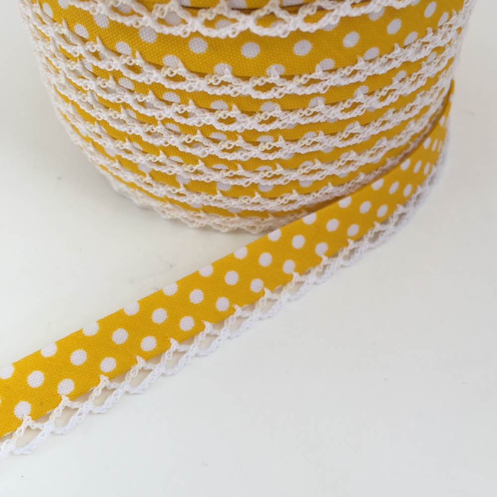 Yellow 12mm Pre-Folded Polka Dot Bias Binding with Lace Edge