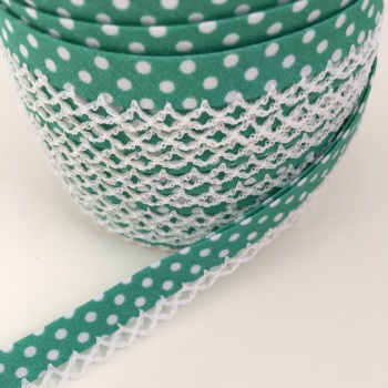 Seafoam Green 12mm Pre-Folded Polka Dot Bias Binding with Lace Edge
