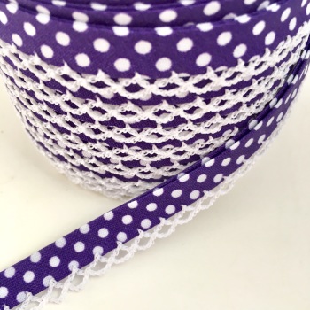 Purple 12mm Pre-Folded Polka Dot Bias Binding with Lace Edge