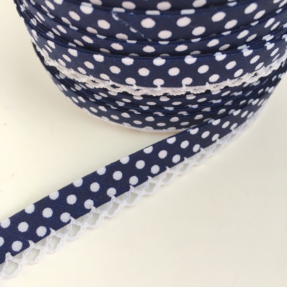 Navy 12mm Pre-Folded Polka Dot Bias Binding with Lace Edge