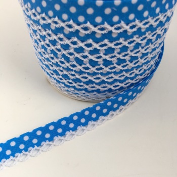 Mid Blue 12mm Pre-Folded Polka Dot Bias Binding with Lace Edge