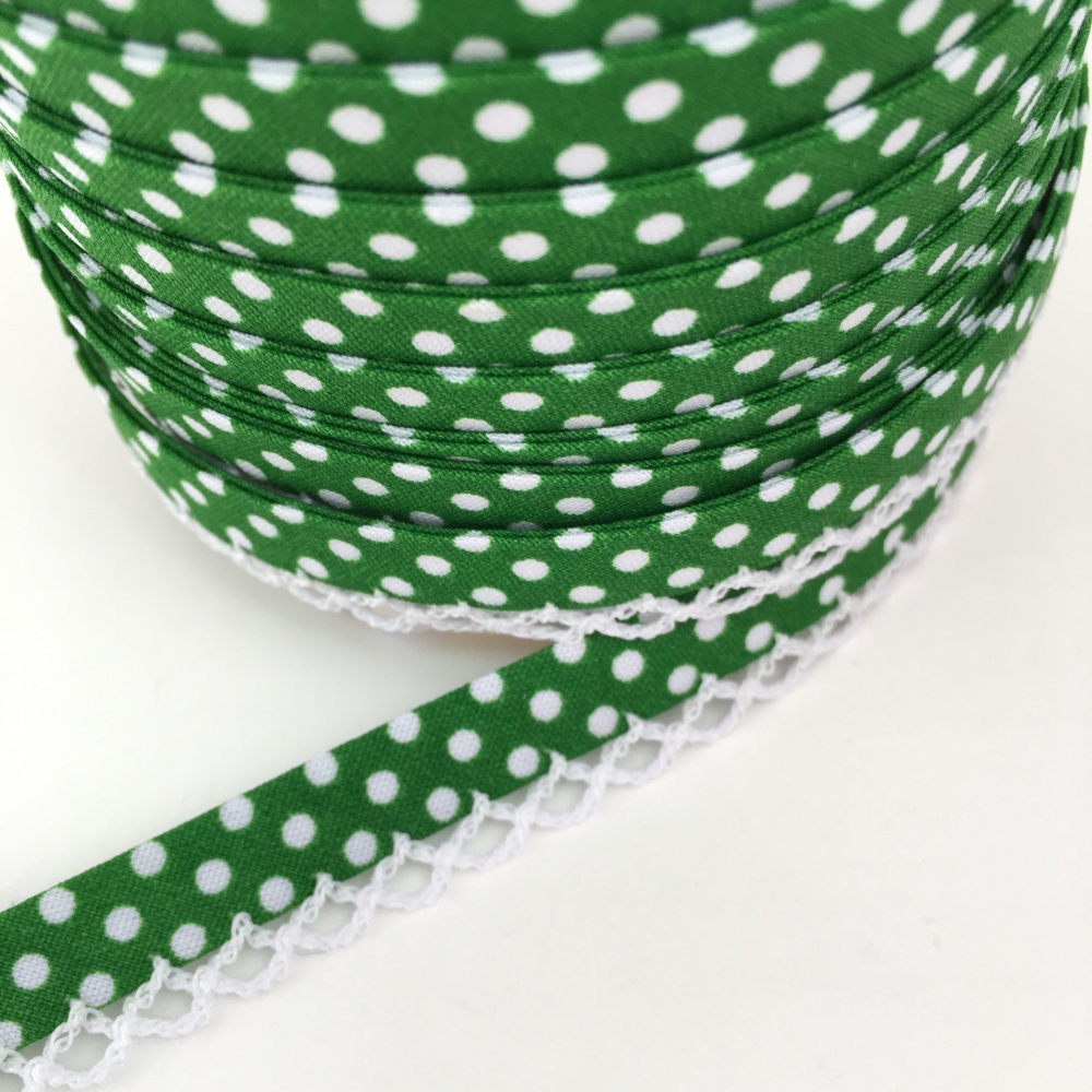 Emerald Green 12mm Pre-Folded Polka Dot Bias Binding with Lace Edge