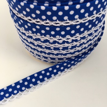 Dark Blue 12mm Pre-Folded Polka Dot Bias Binding with Lace Edge