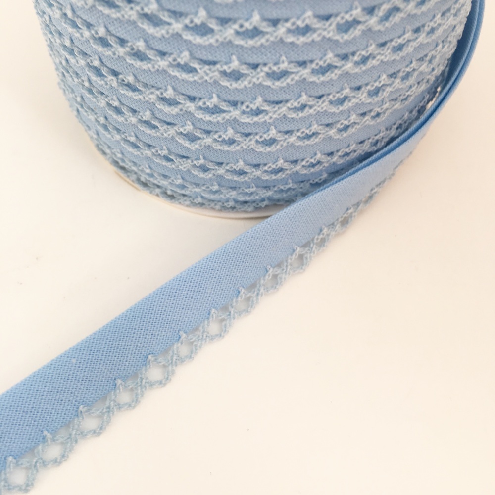 Baby Blue 12mm Pre-Folded Plain Bias Binding with Lace Edge