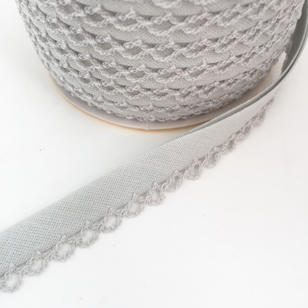 Grey 12mm Pre-Folded Plain Bias Binding with Lace Edge